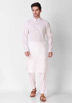 White Sequin Embroidered Cotton Kurta For Men