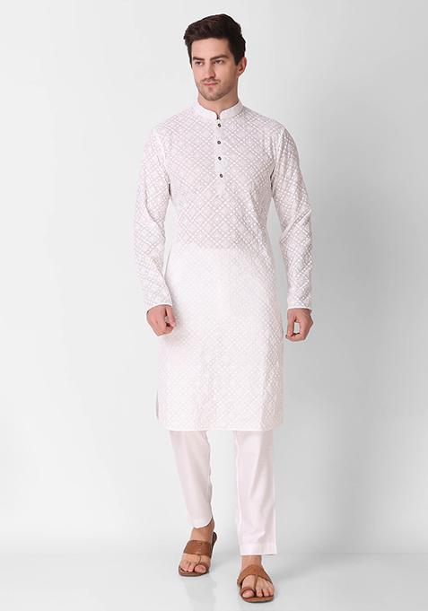 White Sequin Embroidered Cotton Kurta For Men