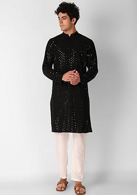 Black Sequin Embroidered Cotton Kurta For Men