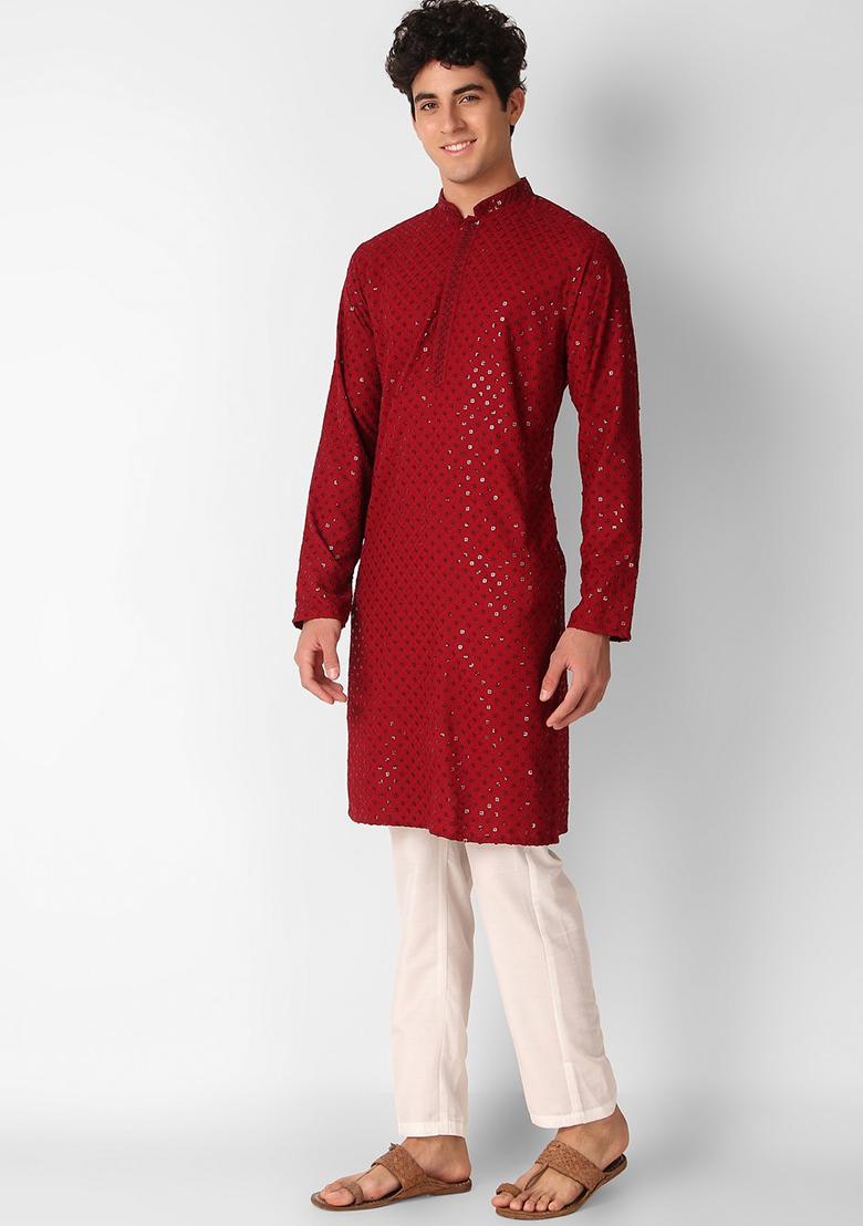 Maroon Sequin Embroidered Cotton Kurta For Men - Indya