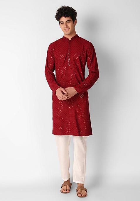 Maroon Sequin Embroidered Cotton Kurta For Men