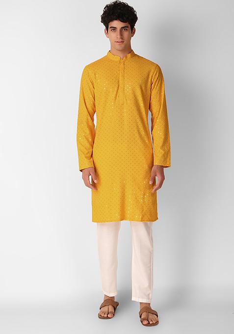 Yellow Sequin Embroidered Cotton Kurta For Men