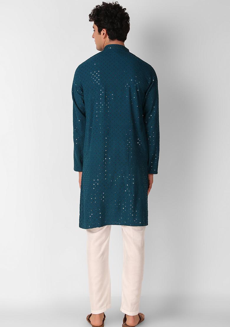 Teal Blue Sequin Embroidered Cotton Kurta For Men