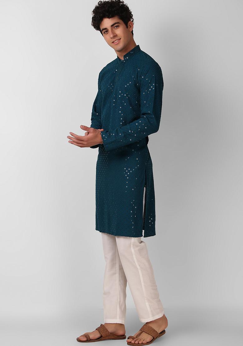 Teal Blue Sequin Embroidered Cotton Kurta For Men