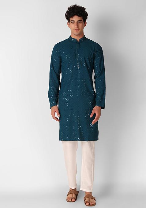 Teal Blue Sequin Embroidered Cotton Kurta For Men