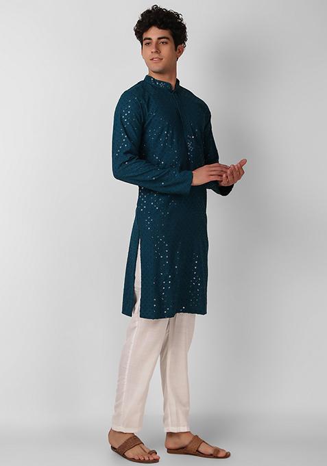 Teal Blue Sequin Embroidered Cotton Kurta For Men