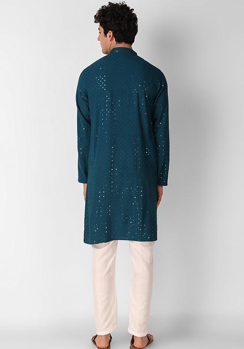Teal Blue Sequin Embroidered Cotton Kurta For Men