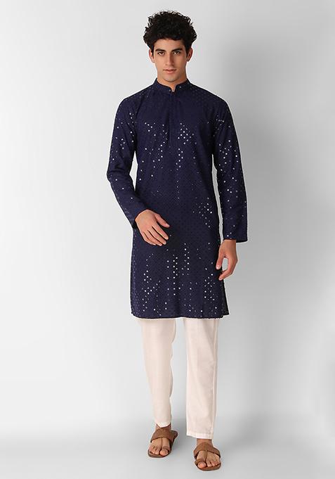 Navy Blue Sequin Embroidered Cotton Kurta For Men