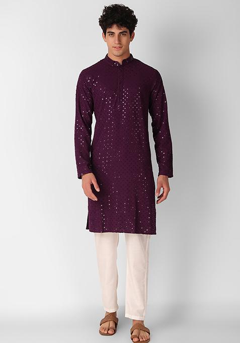 Wine Sequin Embroidered Cotton Kurta For Men