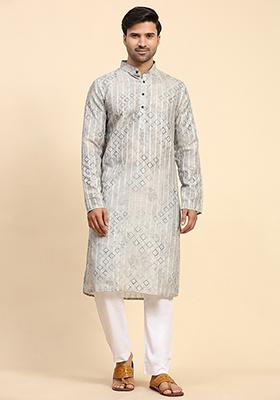 Grey Abstract Print Cotton Kurta For Men