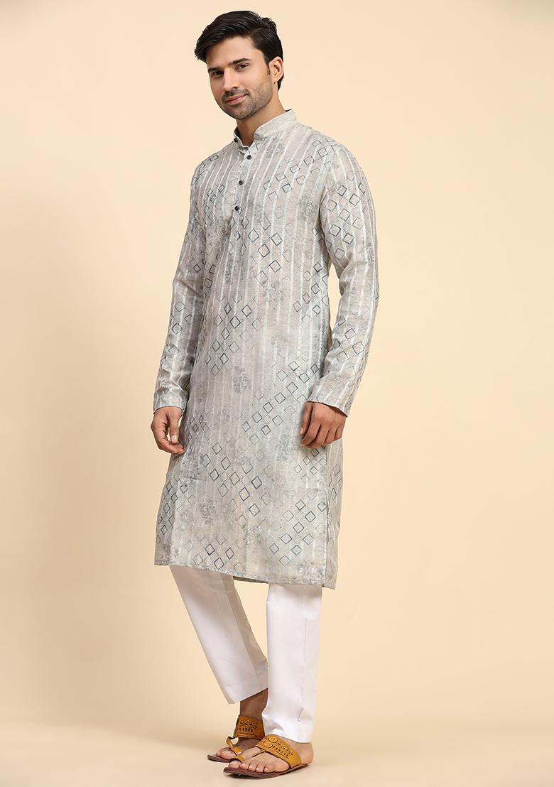 Grey Abstract Print Cotton Kurta For Men