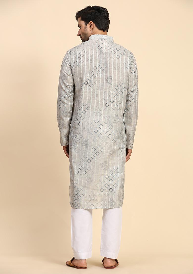 Grey Abstract Print Cotton Kurta For Men