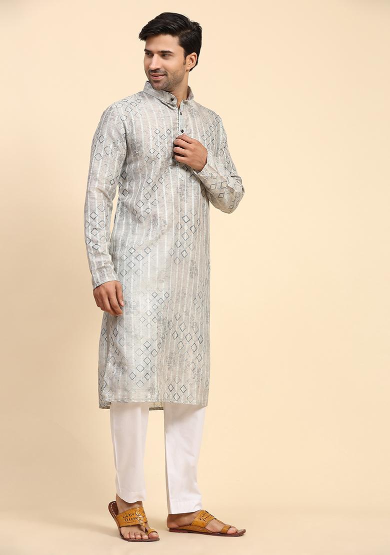 Grey Abstract Print Cotton Kurta For Men