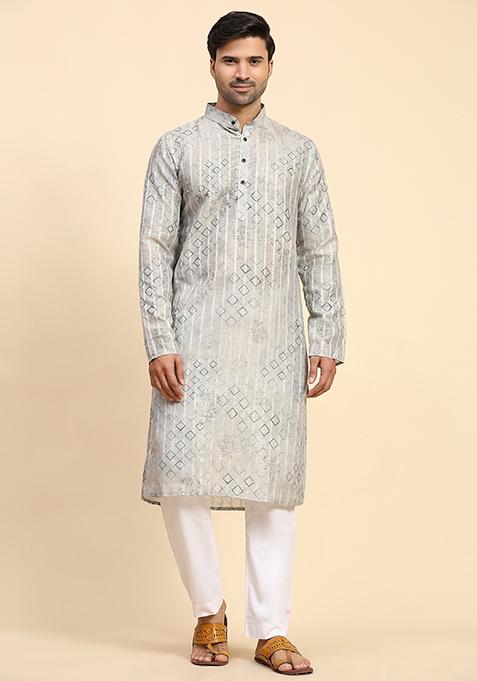 Grey Abstract Print Cotton Kurta For Men