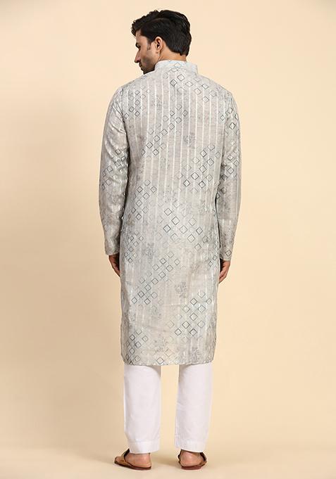 Grey Abstract Print Cotton Kurta For Men