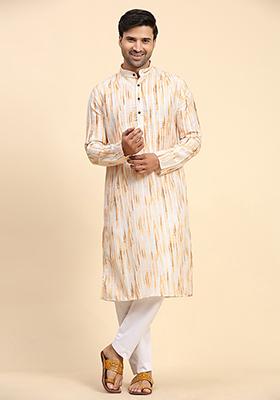 Yellow Abstract Print Cotton Kurta For Men