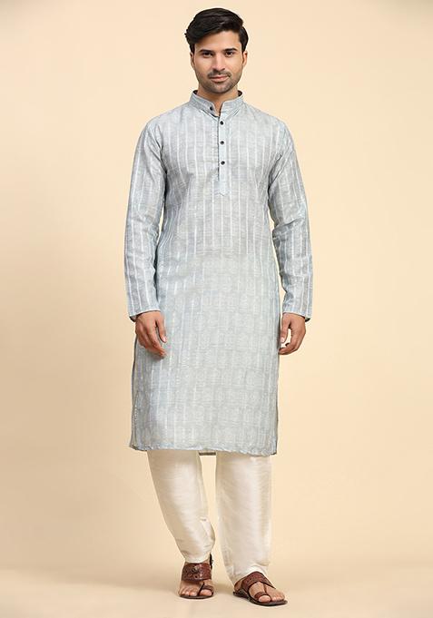 Grey Abstract Print Cotton Kurta For Men