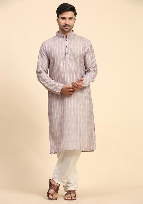 Pink Abstract Print Cotton Kurta For Men