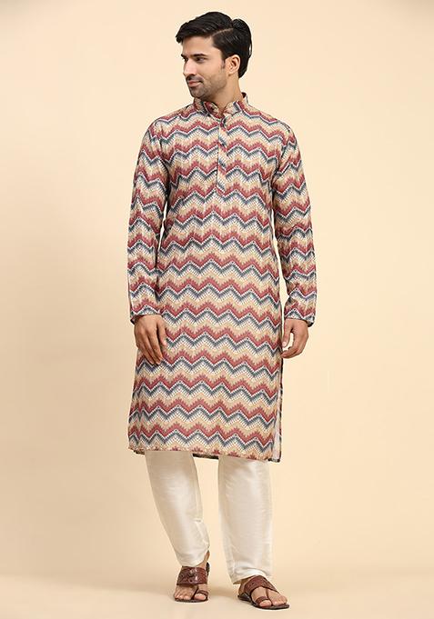 Multicolour Abstract Print Cotton Kurta For Men