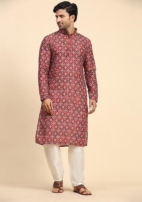 Red Abstract Print Cotton Kurta For Men