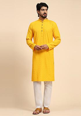 Yellow Resham Embroidered Cotton Kurta For Men