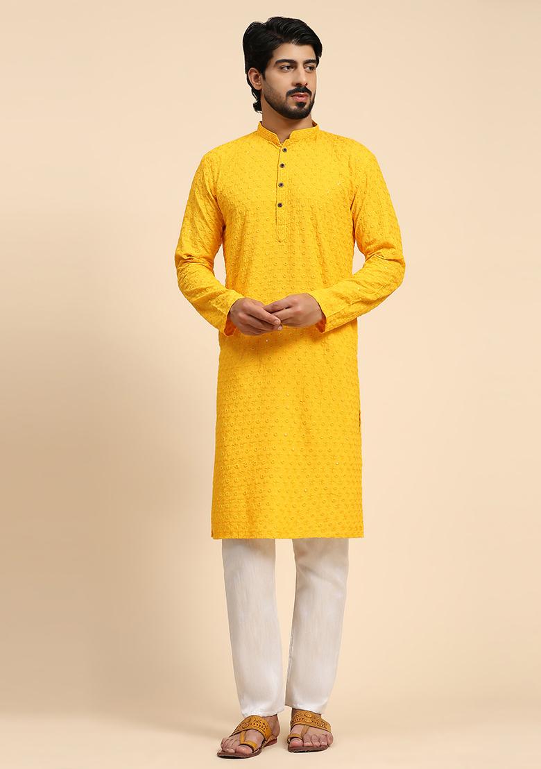 Yellow Resham Embroidered Cotton Kurta For Men