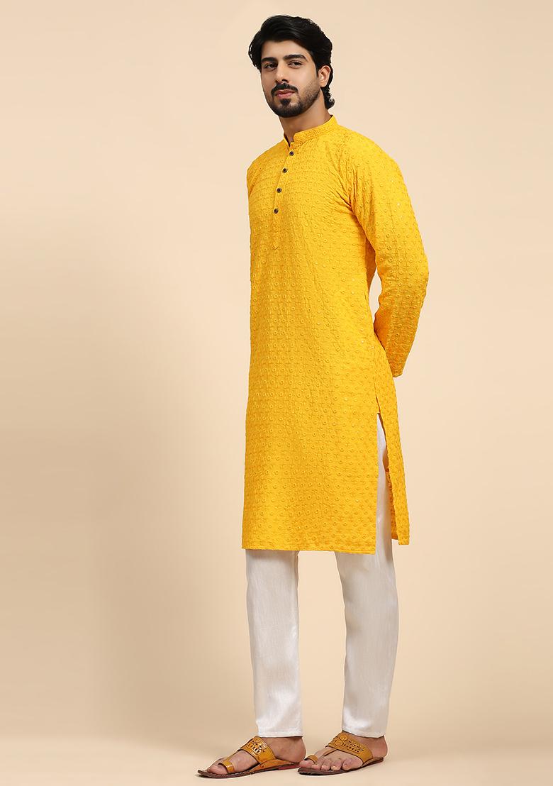 Yellow Resham Embroidered Cotton Kurta For Men