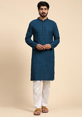 Cyan Blue Resham Embroidered Cotton Kurta For Men