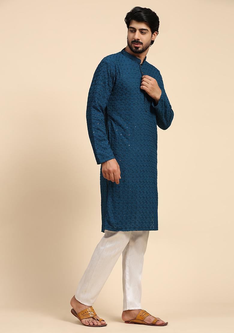 Cyan Blue Resham Embroidered Cotton Kurta For Men - Indya