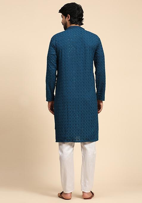 Cyan Blue Resham Embroidered Cotton Kurta For Men