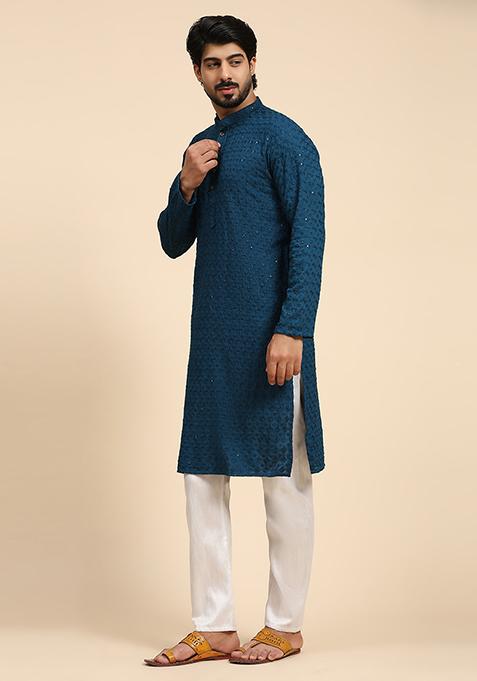 Cyan Blue Resham Embroidered Cotton Kurta For Men