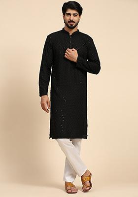 Black Resham Embroidered Cotton Kurta For Men
