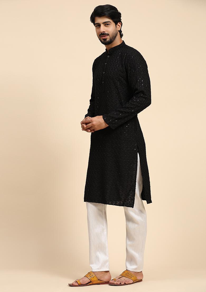 Black Resham Embroidered Cotton Kurta For Men - Indya