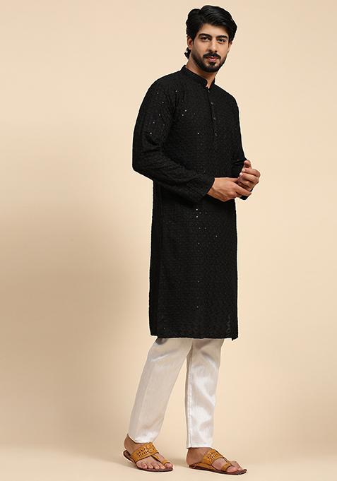Black Resham Embroidered Cotton Kurta For Men