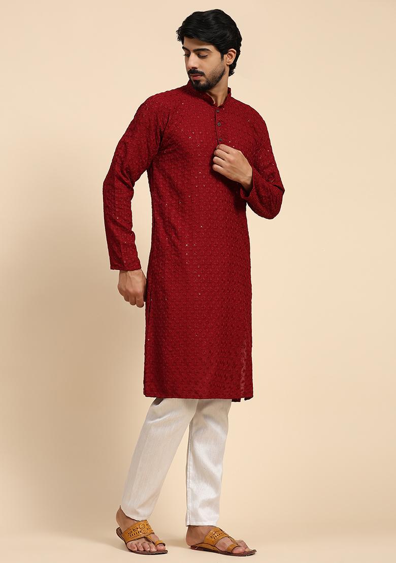Maroon Resham Embroidered Cotton Kurta For Men