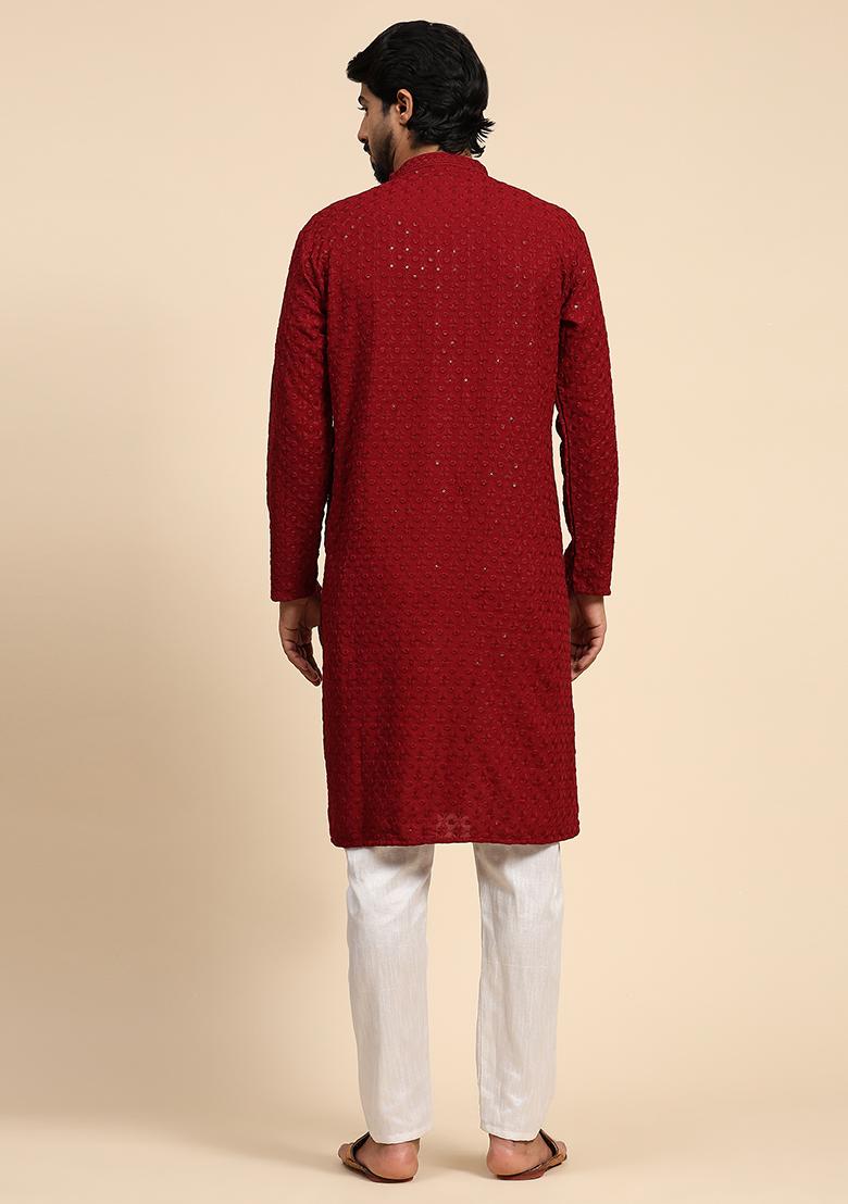 Maroon Resham Embroidered Cotton Kurta For Men