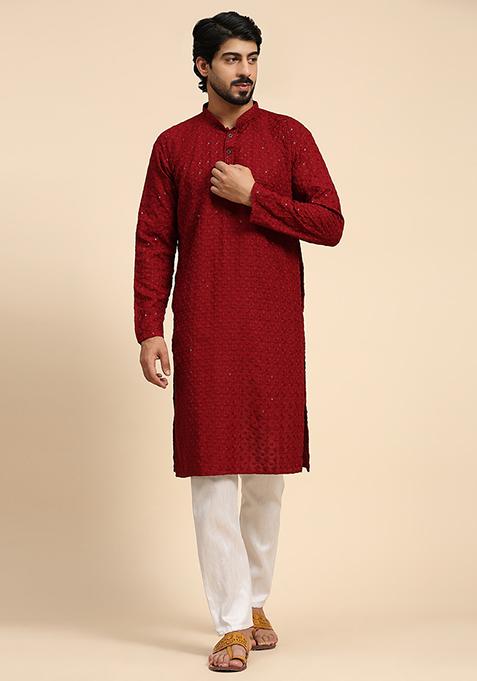 Maroon Resham Embroidered Cotton Kurta For Men