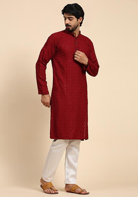 Maroon Resham Embroidered Cotton Kurta For Men