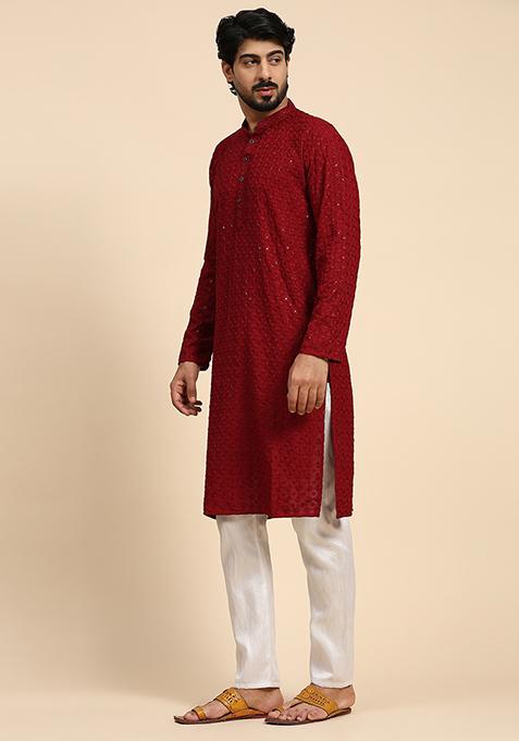 Maroon Resham Embroidered Cotton Kurta For Men