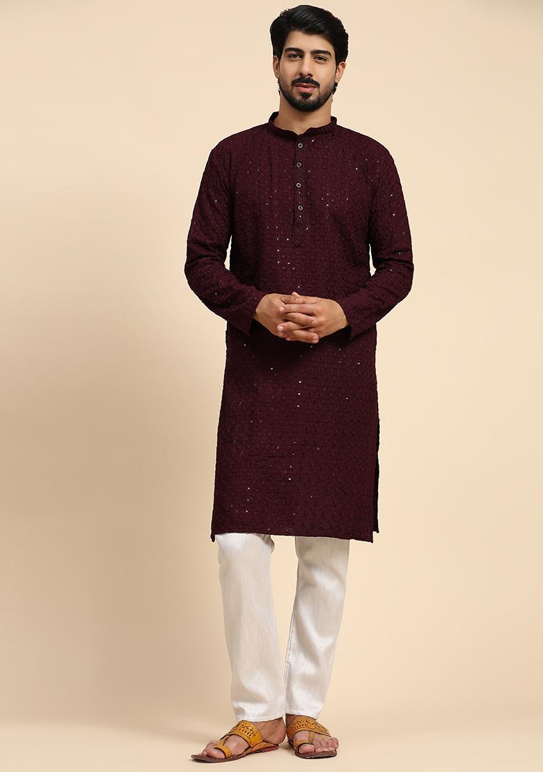 Wine Resham Embroidered Cotton Kurta For Men