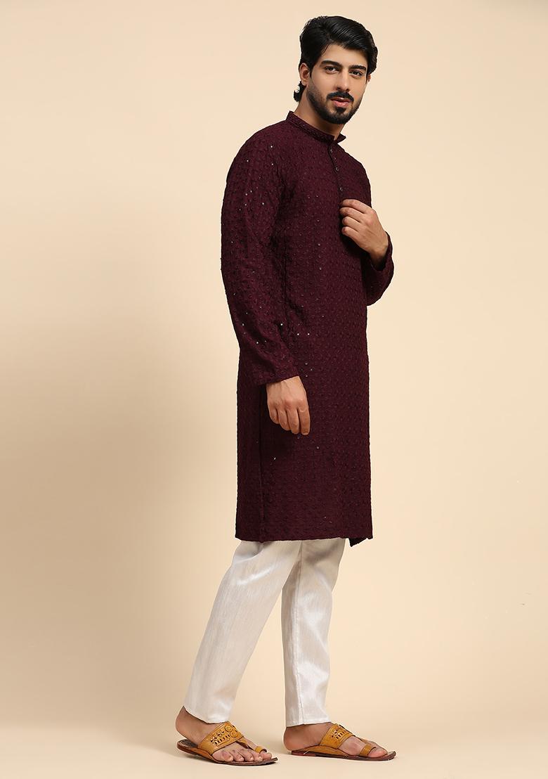 Wine Resham Embroidered Cotton Kurta For Men