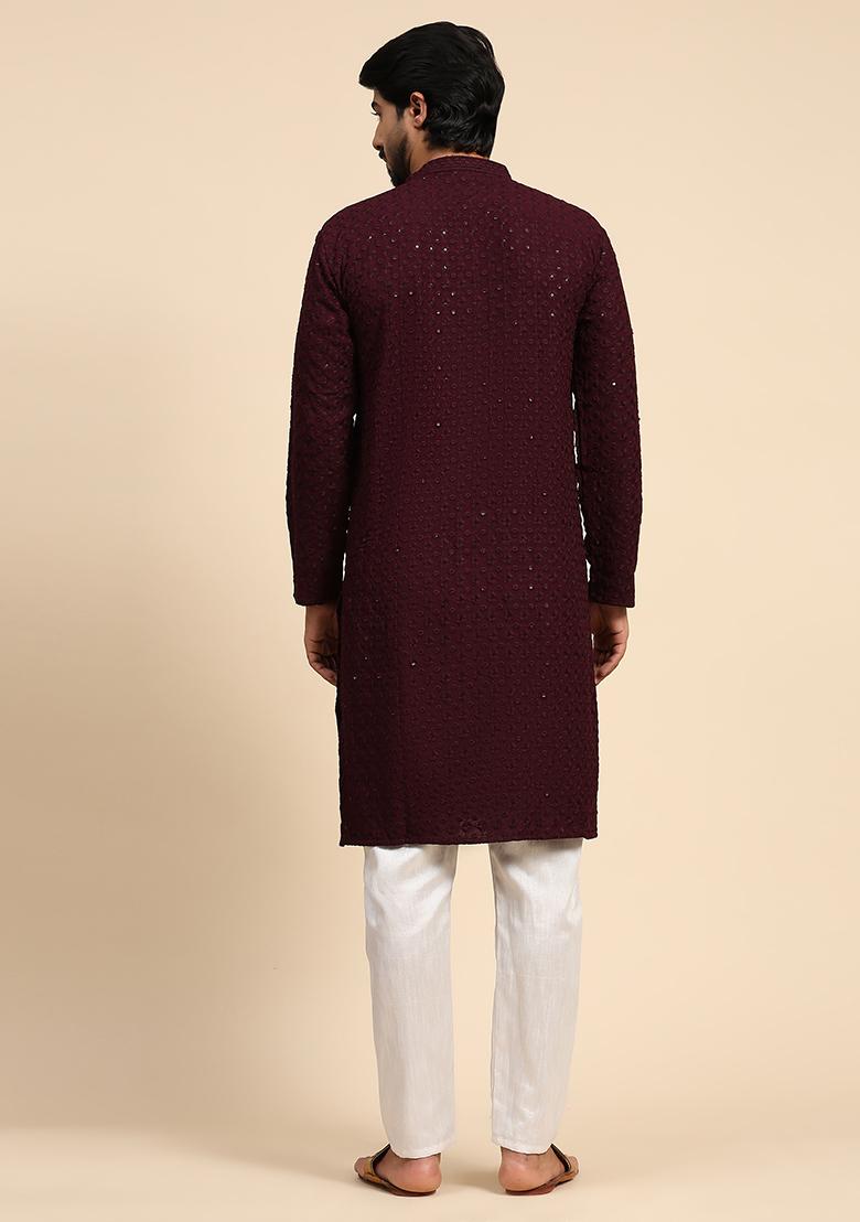 Wine Resham Embroidered Cotton Kurta For Men
