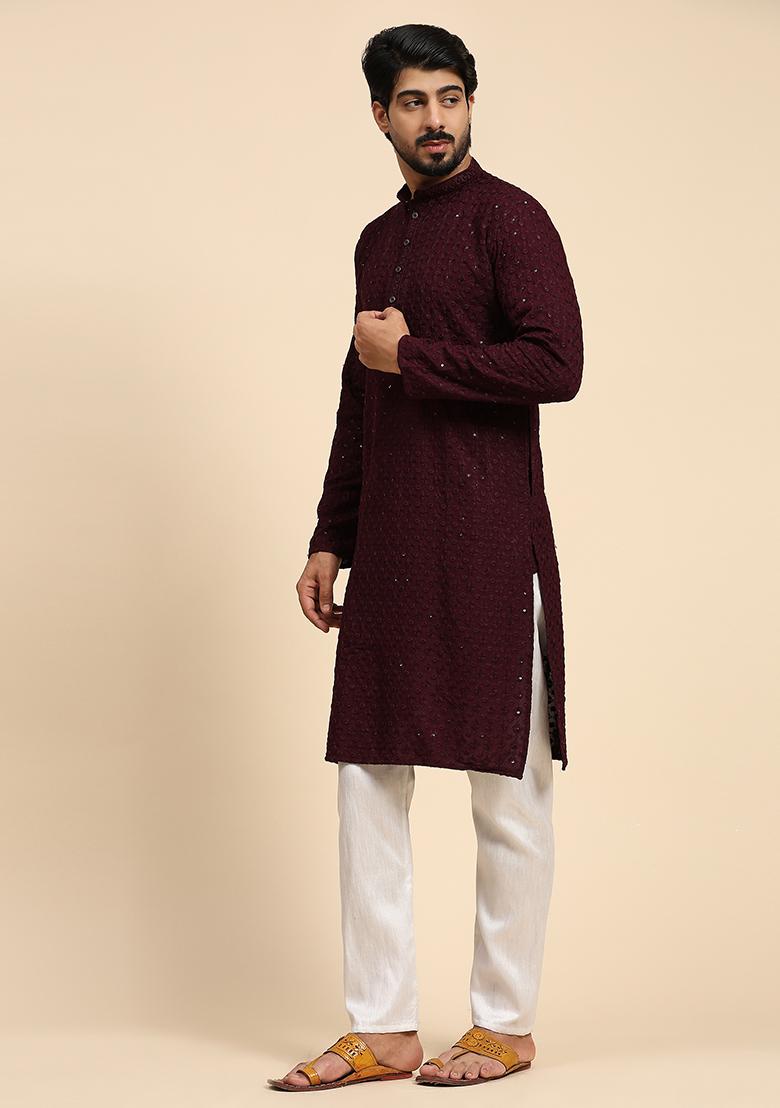 Wine Resham Embroidered Cotton Kurta For Men