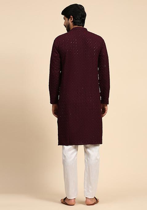 Wine Resham Embroidered Cotton Kurta For Men