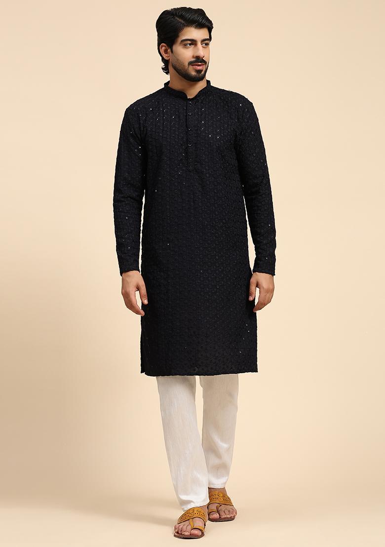 Dark Blue Resham Embroidered Cotton Kurta For Men
