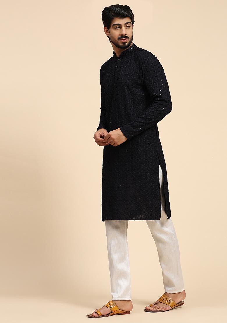 Dark Blue Resham Embroidered Cotton Kurta For Men - Indya