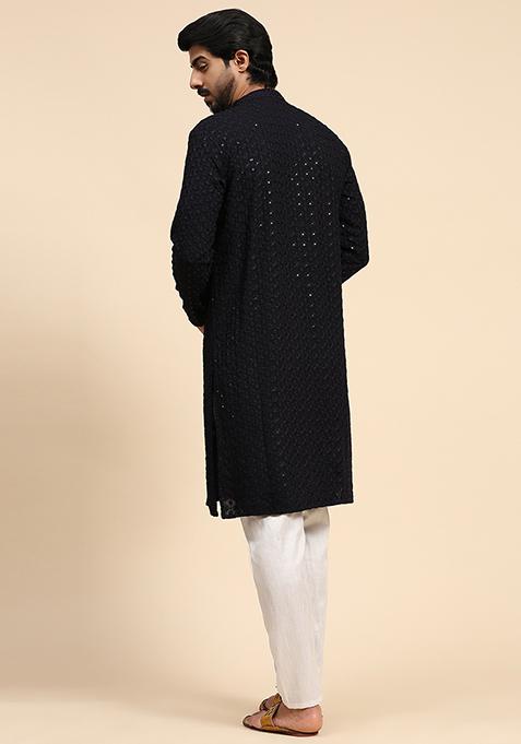 Dark Blue Resham Embroidered Cotton Kurta For Men