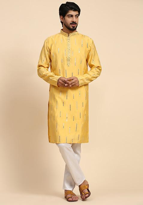 Yellow Resham Embroidered Silk Kurta For Men