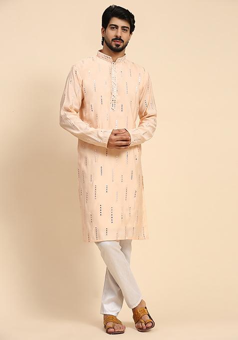 Pink Resham Embroidered Silk Kurta For Men