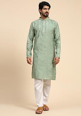 Green Resham Embroidered Silk Kurta For Men